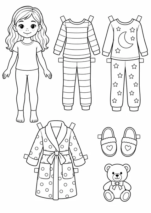 Boneca de papel com pijamas para colorir