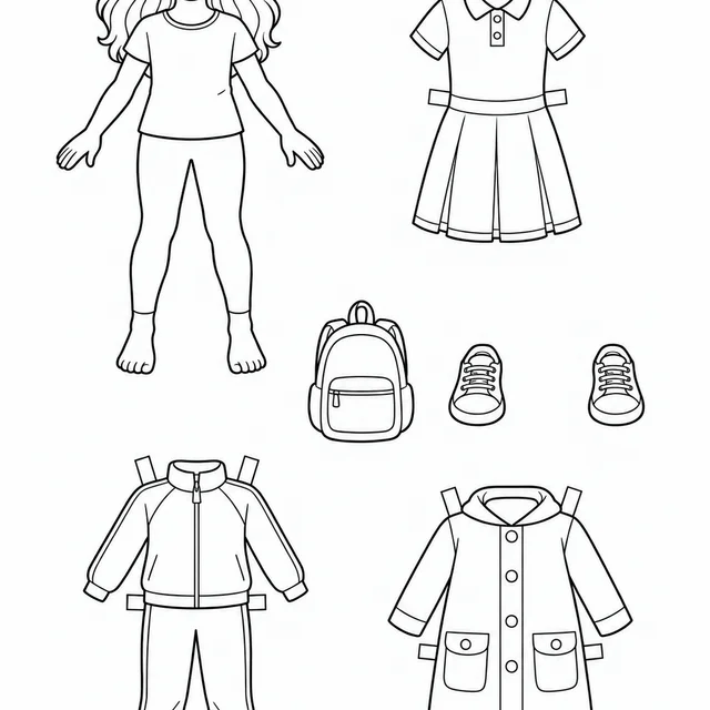 Boneca de papel com roupas de escola para colorir