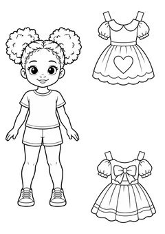 Boneca de papel com vestidos de aniversário para colorir