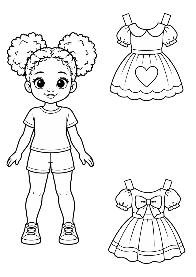 Boneca de papel com vestidos de aniversário para colorir