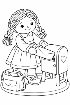 Boneca entregando uma carta na caixa de correio para colorir