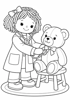 Boneca examinando um ursinho de pelúcia para colorir
