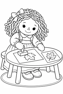 Boneca fazendo carimbos de folhas para colorir