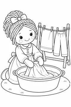 Boneca lavando roupinhas na bacia para colorir