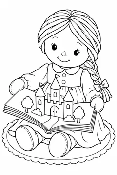 Boneca lendo um livro de castelo em relevo para colorir