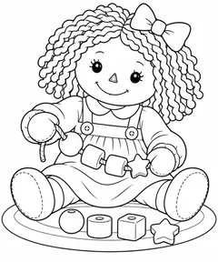 Boneca montando um colar de contas grandes para colorir