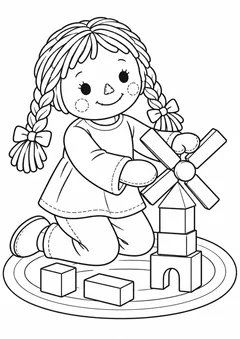 Boneca montando um moinho de blocos para colorir