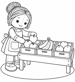 Boneca organizando a quitanda de brinquedo para colorir