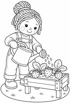 Boneca regando um pé de morango para colorir