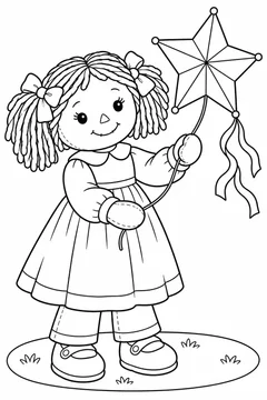 Boneca soltando uma pipa de estrela para colorir