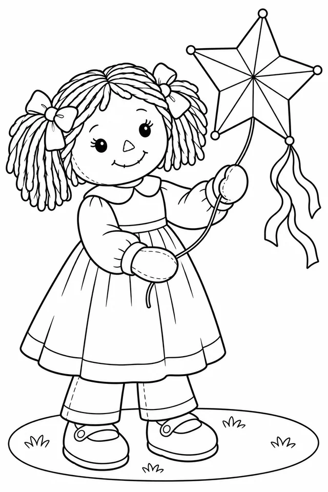 Boneca soltando uma pipa de estrela para colorir