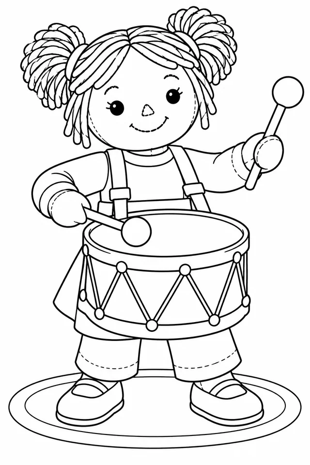 Boneca tocando um tambor de brinquedo para colorir