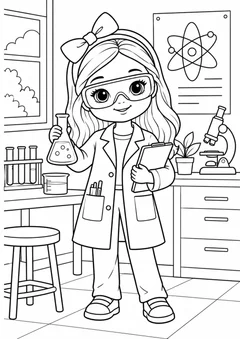 Boneca vestida de cientista com acessórios para colorir