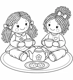Bonecas tomando chá no piquenique para colorir