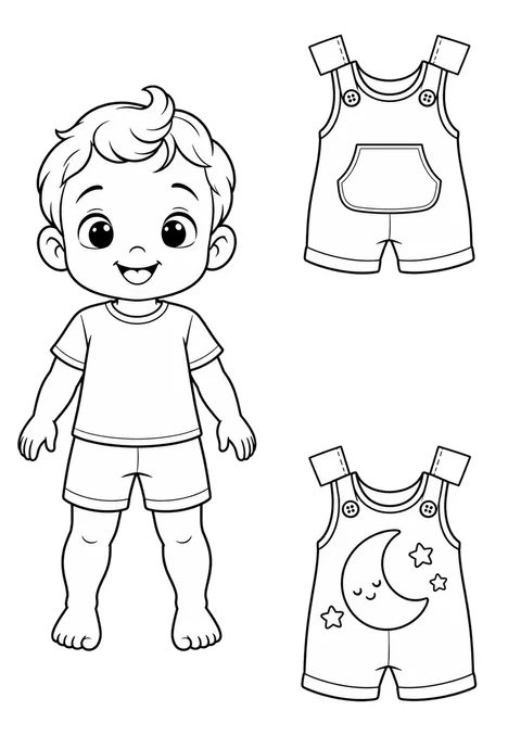 Boneco de papel bebê com macacões para colorir