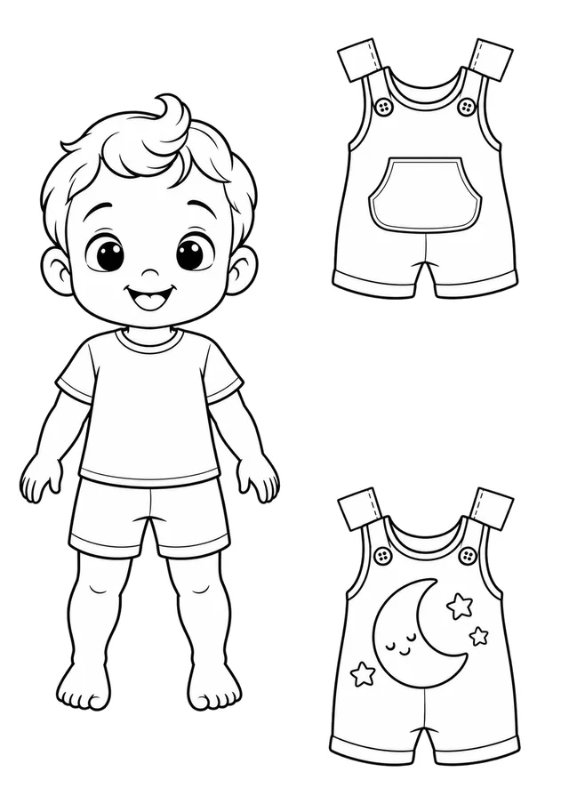 Boneco de papel bebê com macacões para colorir