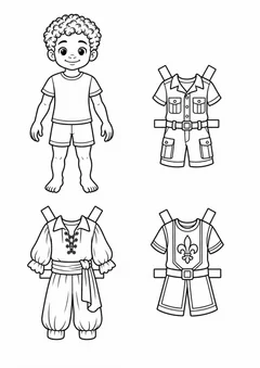 Boneco de papel com fantasias de aventura para colorir