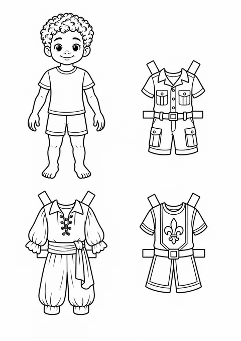 Boneco de papel com fantasias de aventura para colorir