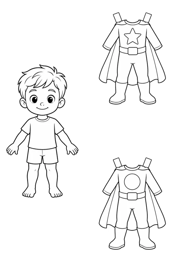 Boneco de papel com fantasias de herói original para colorir