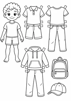 Boneco de papel com roupas de escola e passeio para colorir