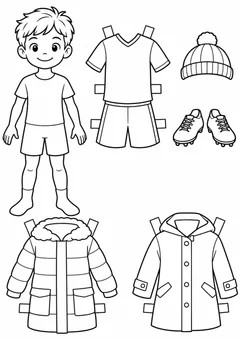 Boneco de papel com roupas de futebol e inverno para colorir