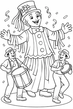 Boneco gigante de carnaval com dois músicos para colorir