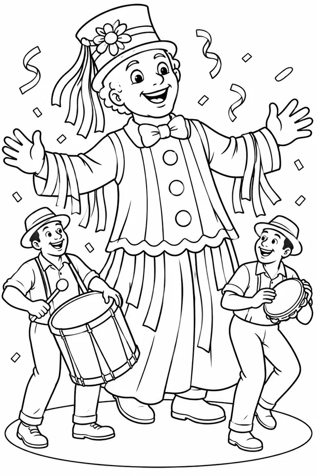 Boneco gigante de carnaval com dois músicos para colorir
