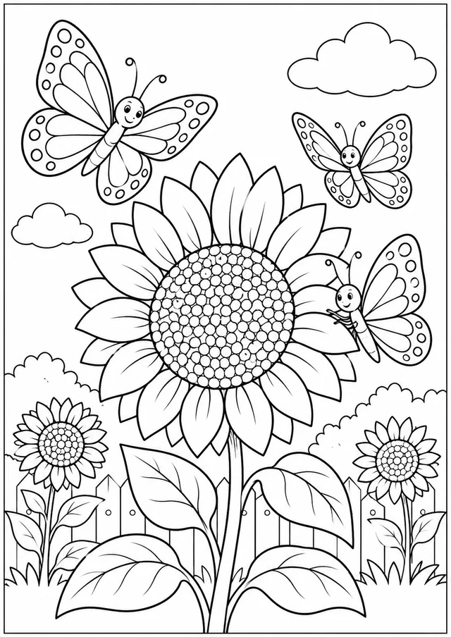 Borboletas ao redor de um girassol para colorir
