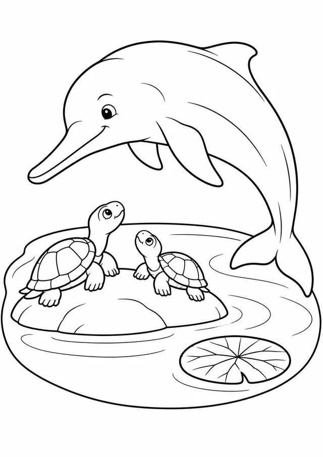Boto saltando junto a duas tartarugas para colorir