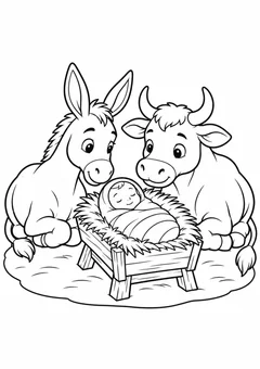 Burrinho e boi junto à manjedoura para colorir