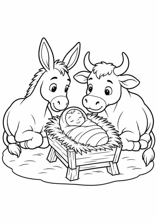 Burrinho e boi junto à manjedoura para colorir