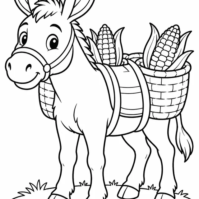 Burro carregando cestos de milho para colorir