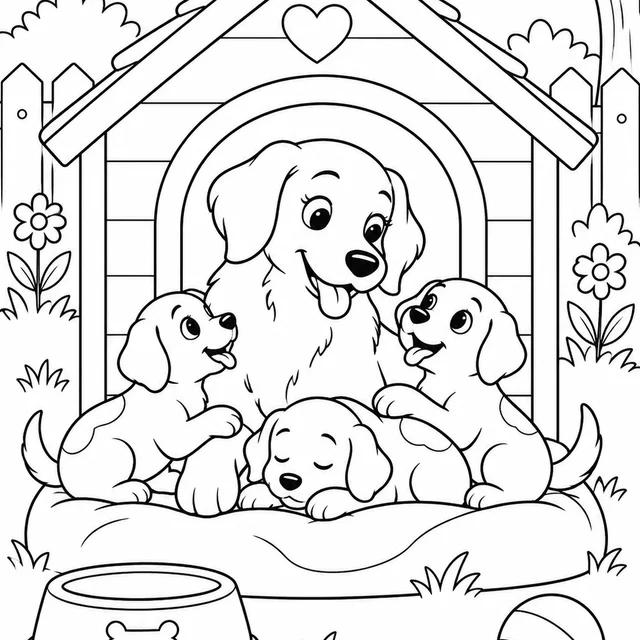 Cachorrinha e filhotes na casinha para colorir