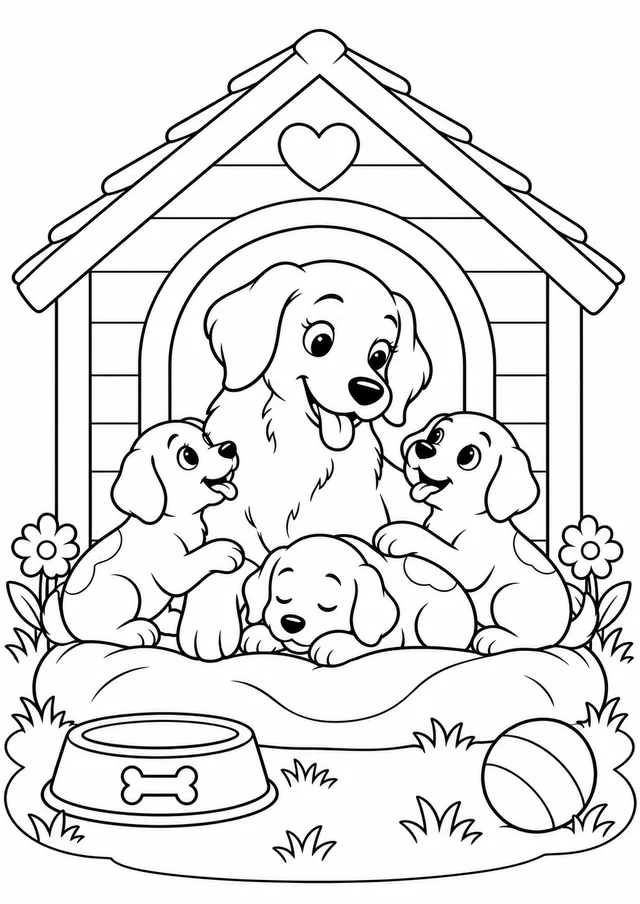 Cachorrinha e filhotes na casinha para colorir