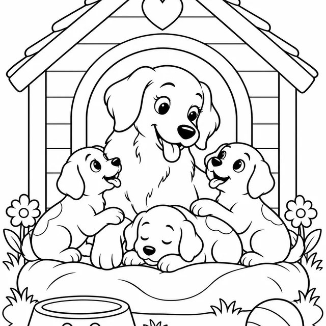 Cachorrinha e filhotes na casinha para colorir