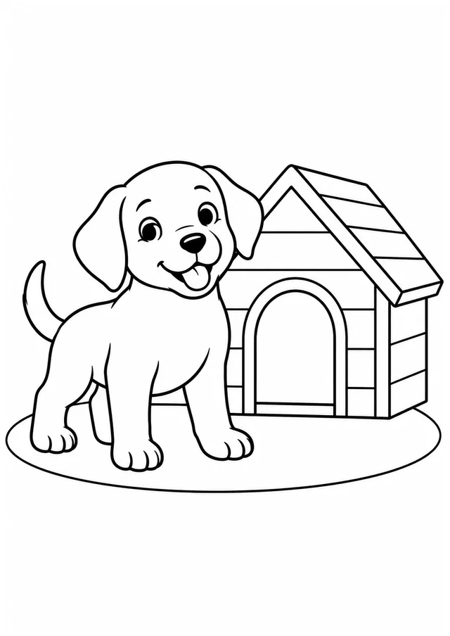 Cachorrinho ao lado de sua casinha para colorir