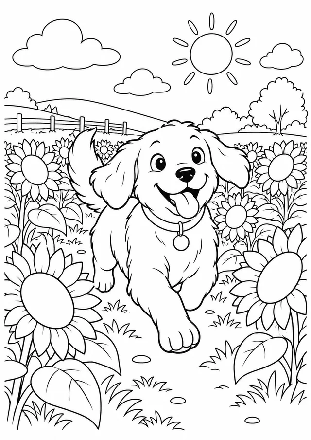 Cachorro correndo entre girassóis para colorir