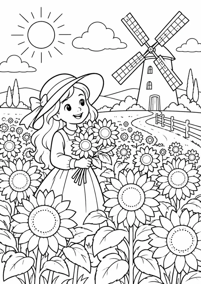 Campo de girassóis com moinho para colorir