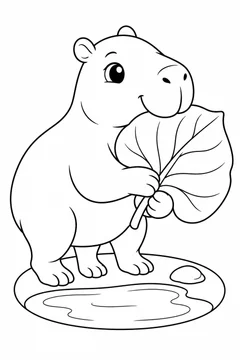Capivara bebê abraçada a uma folha para colorir