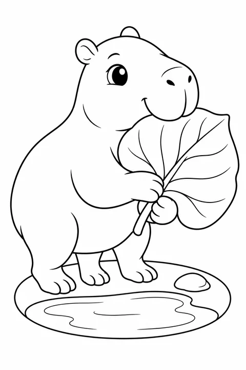 Capivara bebê abraçada a uma folha para colorir