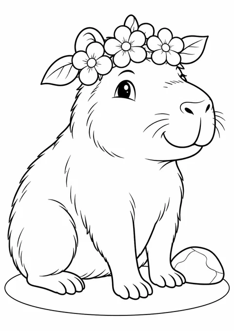 Capivara com coroa de três flores para colorir