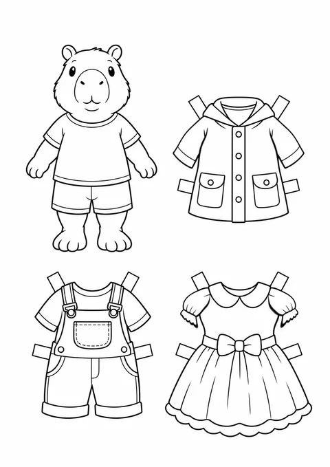 Capivara de papel com roupinhas para vestir para colorir