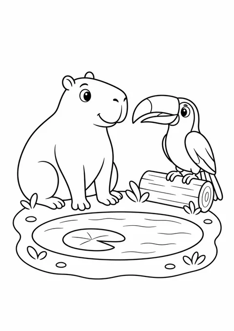 Capivara e tucano na ilha do rio para colorir