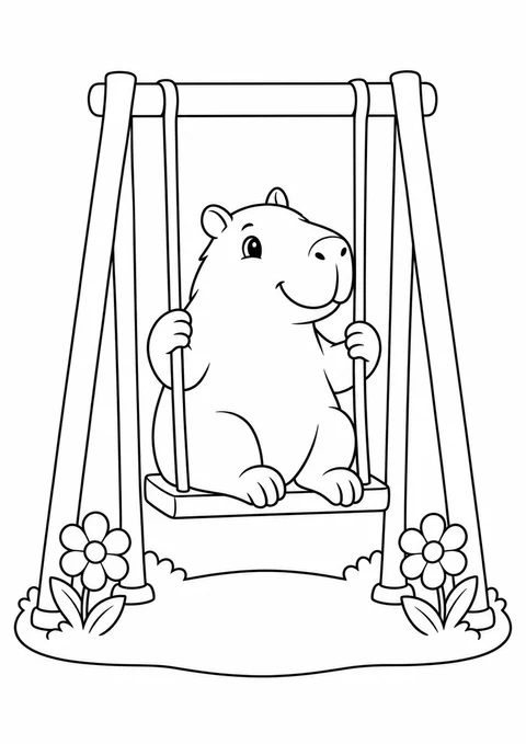 Capivara no balanço com flores para colorir
