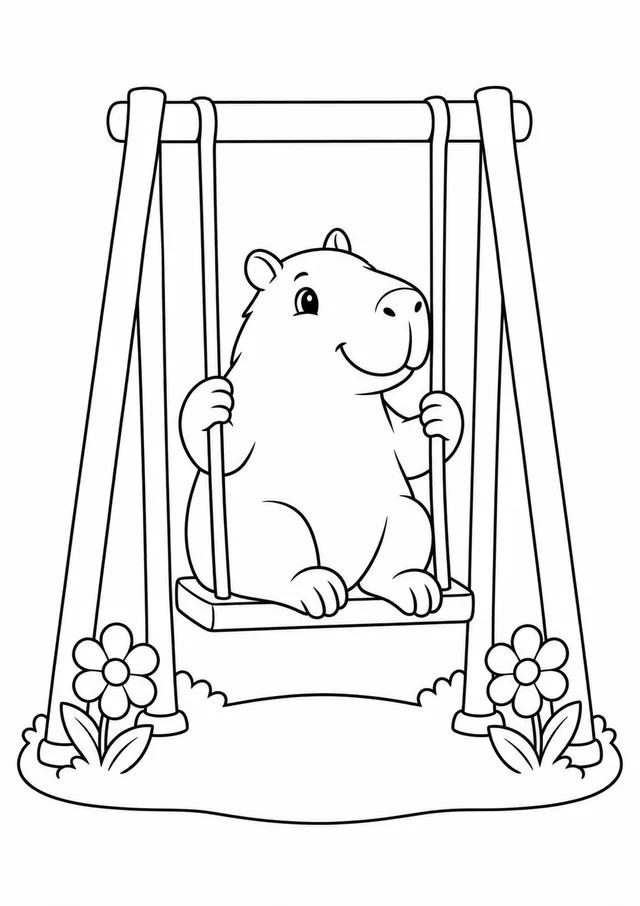 Capivara no balanço com flores para colorir