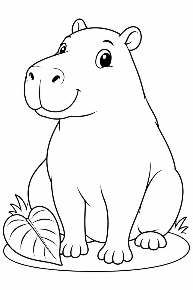 Capivara sentada com folha grande para colorir