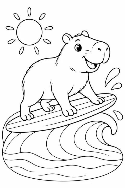 Capivara surfando na onda redonda para colorir