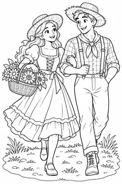 Casal caipira com cesta de flores para colorir