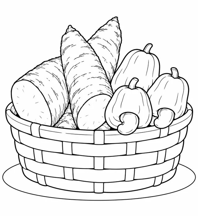 Cesta com mandioca e caju para colorir