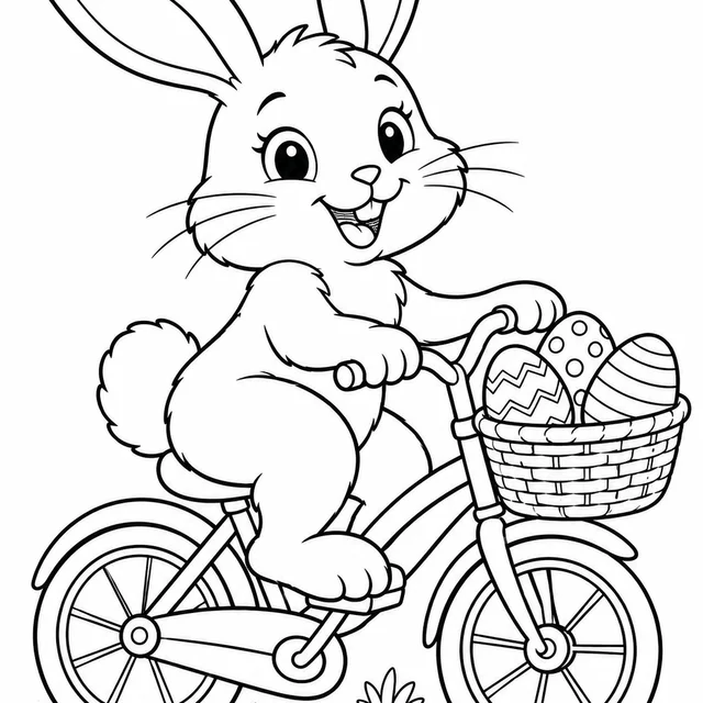 Coelho da Páscoa entregando ovos de bicicleta para colorir